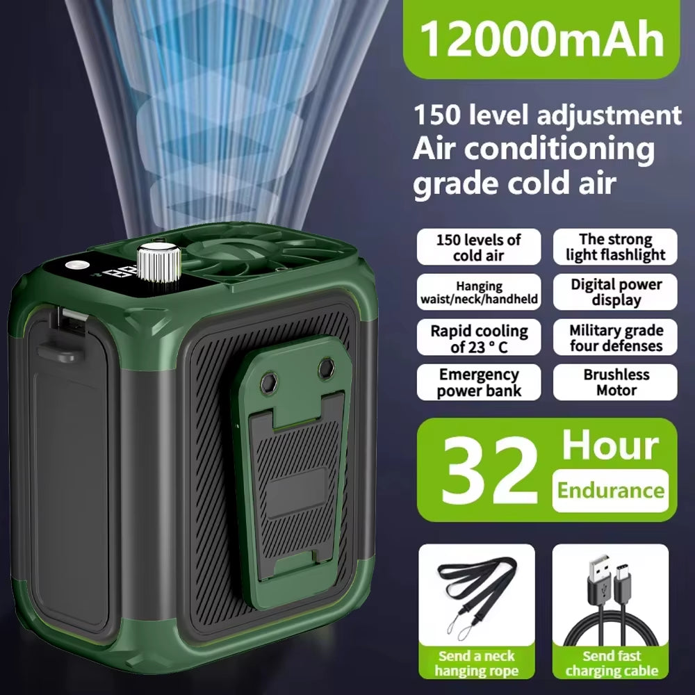 Mini High-Speed Waist Fan, Bladeless USB Hanging Neck Fan, Outdoor Multifunctional Mobile Power Lighting Digital Display Fan